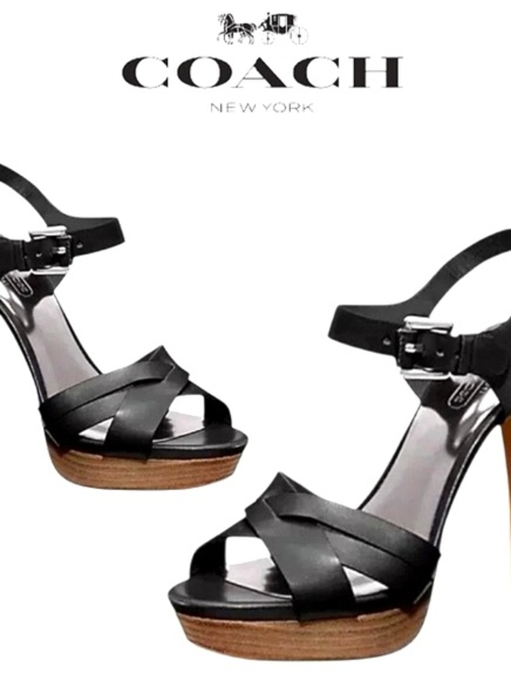 Coach Dani Black Platform Heels with Wood Effect Sz 8.5